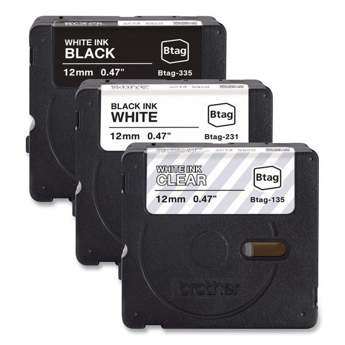 Genuine P-Touch BTAG Label Tapes, 0.47" x 13.1 ft, White on Clear, Black on White, White on Black, 3/Pack