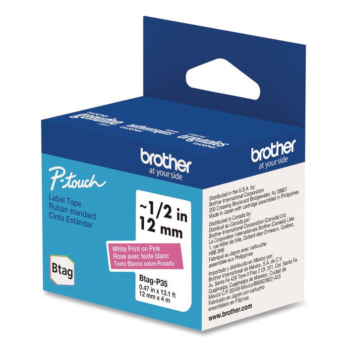 Genuine P-Touch BTAG Label Tapes, 0.47" x 13.1 ft, White on Pink