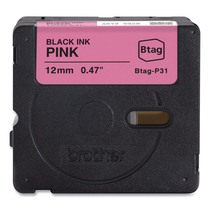 Genuine P-Touch BTAG Label Tapes, 0.47" x 13.1 ft, Black on Pink