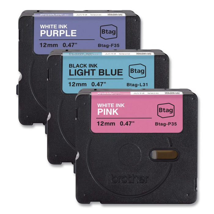 Genuine P-Touch BTAG Label Tapes, 0.47" x 13.1 ft, White on Purple, Black on Light Blue, White on Pink