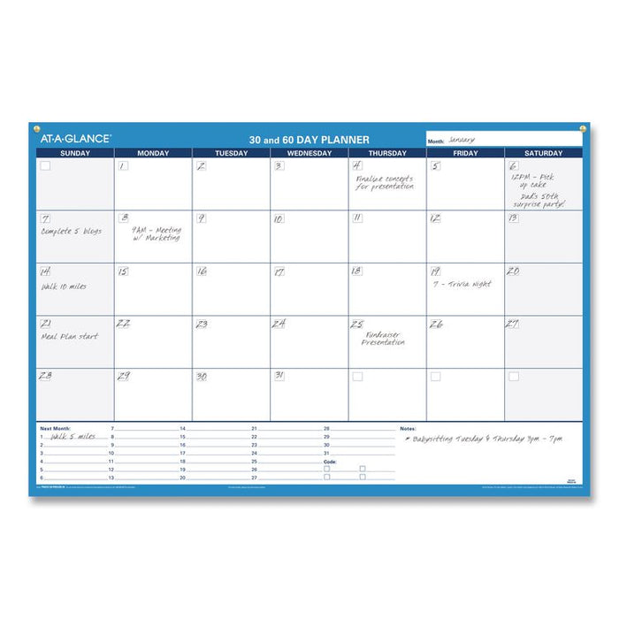 30/60-Day Undated Horizontal Erasable Wall Planner, 36 x 24, White/Blue Sheets, Undated
