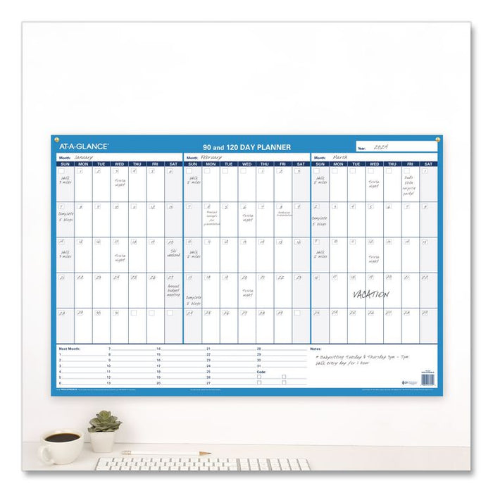 90/120-Day Undated Horizontal Erasable Wall Planner, 36 x 24, White/Blue Sheets, Undated