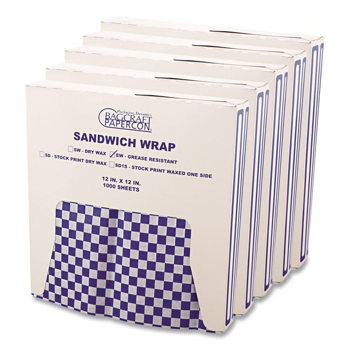 Grease-Resistant Paper Wraps and Liners, 12 x 12, Blue Check, 1,000/Box, 5 Boxes/Carton