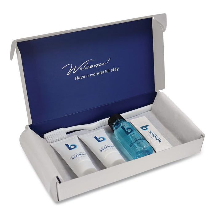 Amenities Kit, Mouth Rinse, Toothbrush, Toothpaste, Body Wash, Shampoo, Green Tea Lemongrass, 12 Kits/Carton