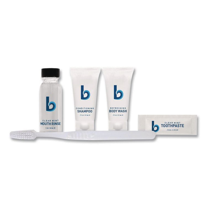 Amenities Kit, Mouth Rinse, Toothbrush, Toothpaste, Body Wash, Shampoo, Low Allergen, 12 Kits/Carton