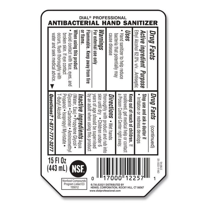 Antibacterial Gel Hand Sanitizer Refill for Versa Dispenser, Fragrance-Free, 15 oz, 6/Carton