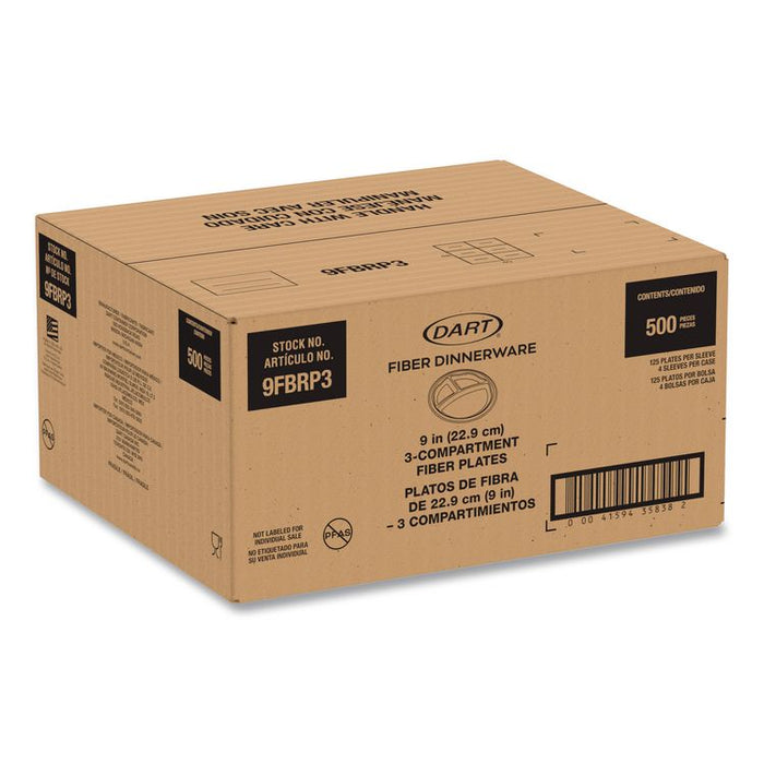 Compostable Molded Fiber Dinnerware, ProPlanet Seal, 3-Compartment Plate, 9" dia, Natural, 500/Carton