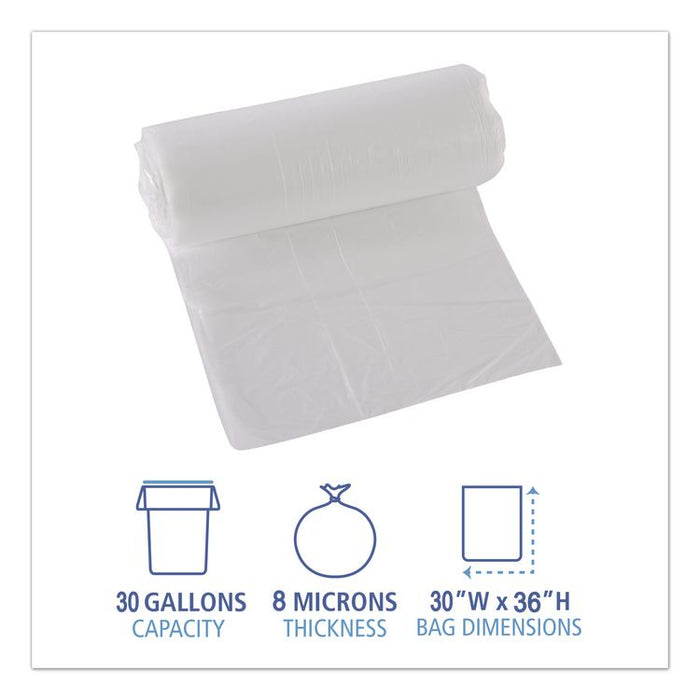 High-Density Can Liners, 30 gal, 8 mic, 30" x 36", Natural, Perforated Roll, 25 Bags/Roll, 20 Rolls/Carton