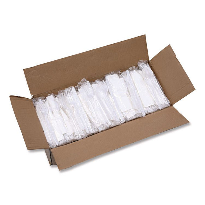 Four-Piece Cutlery Kit, Mediumweight, Fork/Knife/Napkin/Spoon, Plastic, White, 250/Carton