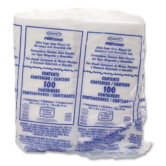 Foam Hinged Lid Containers, 3 Compartments, 9.5 x 10.26 x 3.4, White, 200/Carton