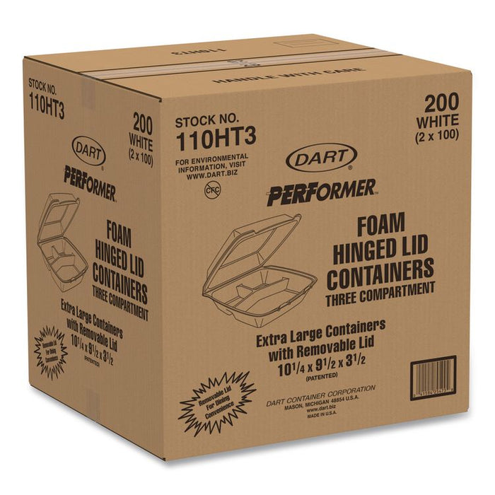 Foam Hinged Lid Containers, 3 Compartments, 9.5 x 10.26 x 3.4, White, 200/Carton