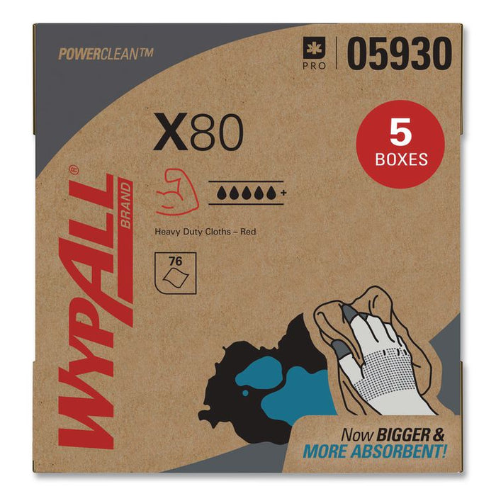 Power Clean X80 Heavy Duty Cloths, HYDROKNIT, POP-UP Box, 8.34 x 16.8, Red, 76/Box, 5 Box/Carton