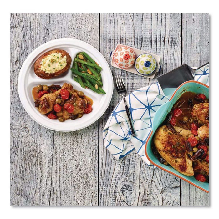 PaperPro Naturals Molded Fiber Dinnerware, Round Plates, 3-Compartment, 10.25" dia, Natural, 125/Pack, 4 Packs/Carton