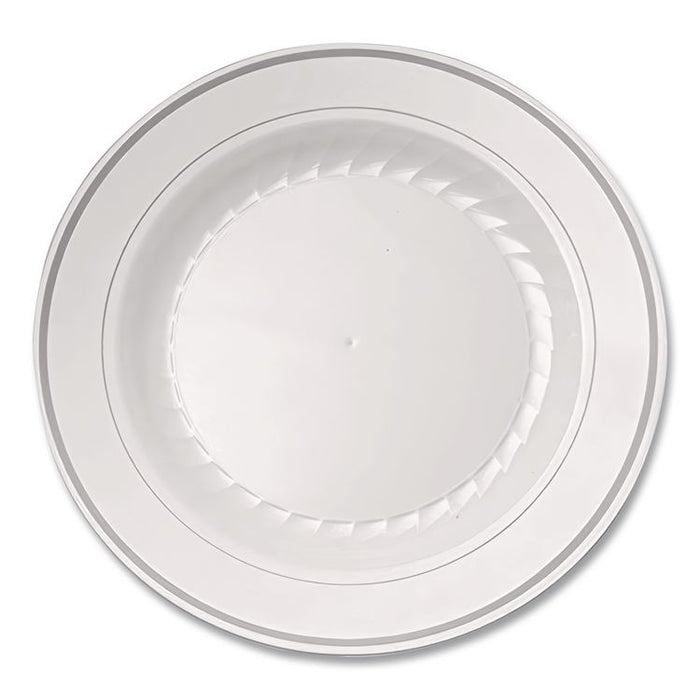 Masterpiece Plastic Plates, 10.25" dia, White/Silver, 10/Pack, 12 Packs/Carton