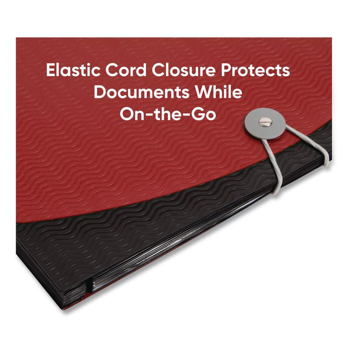 12-Pocket Poly Expanding File, 0.88" Expansion, 12 Sections, Cord/Hook Closure, 1/6-Cut Tabs, Letter Size, Black/Red