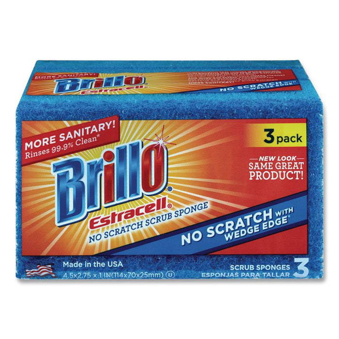 Estracell No Scratch Kitchen Sponges, 4.5 x 2.75, 1" Thick, Blue, 3 Sponges/Pack, 8 Packs/Carton