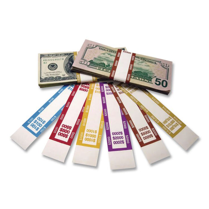 Currency Straps, Self-Adhesive, Fives, $500 Strap, Red/White, 1,000/Pack