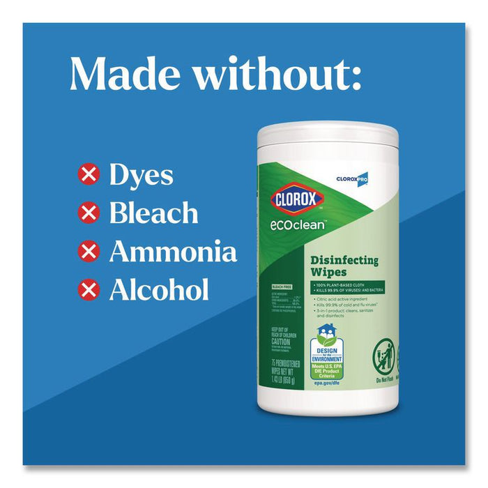 CloroxPro EcoClean Disinfecting Wipes, 1-Ply, 8 x 7, Unscented, White, 75 Count, 6/Carton