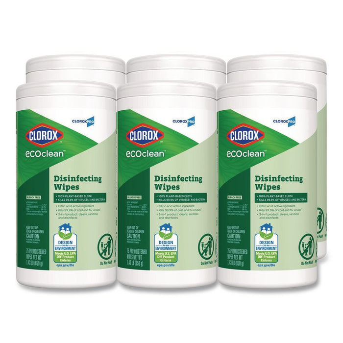 CloroxPro EcoClean Disinfecting Wipes, 1-Ply, 8 x 7, Unscented, White, 75 Count, 6/Carton