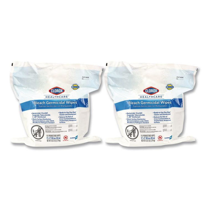 Bleach Germicidal Wipes, 1-Ply, 12 x 12, Unscented, White, 110/Refill, 2 Refills/Carton