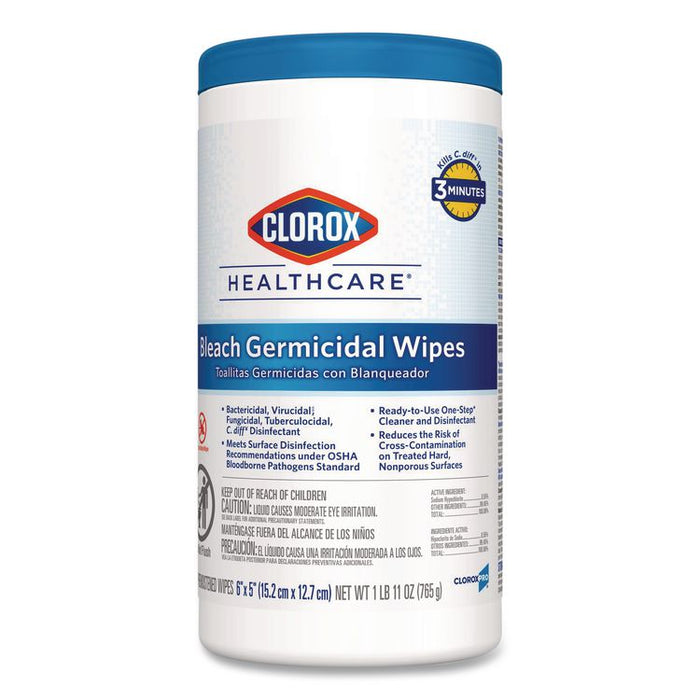 Bleach Germicidal Wipes, 1-Ply, 6 x 5, Unscented, White, 150/Canister, 6 Canisters/Carton