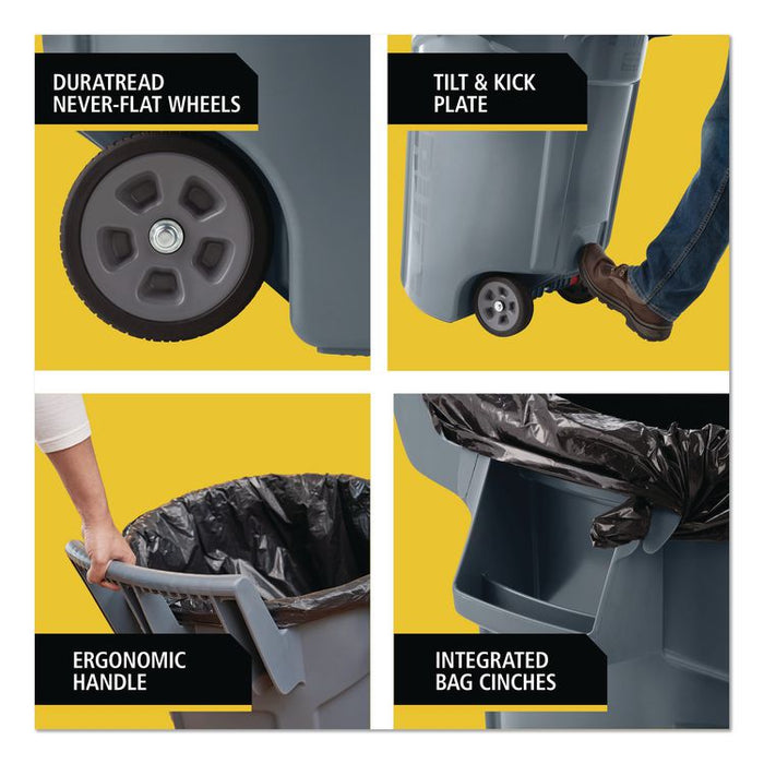 Vented Wheeled BRUTE Container, 32 gal, Plastic, Gray