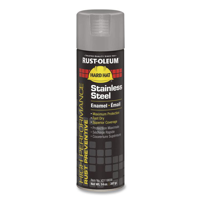 Hard Hat High Performance V2100 System Rust Preventive Enamel Spray Paint, Flat Stainless Steel, 15 oz Aerosol Can, 6/Carton