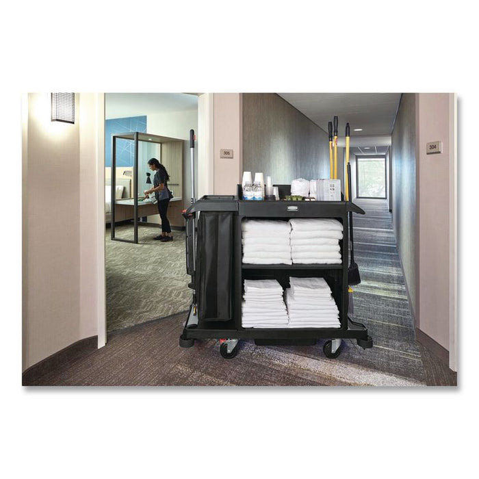 Compact Housekeeping Cart, Plastic, 3 Shelves 1 Bin, 23 x 53.12 x 19.1, Black