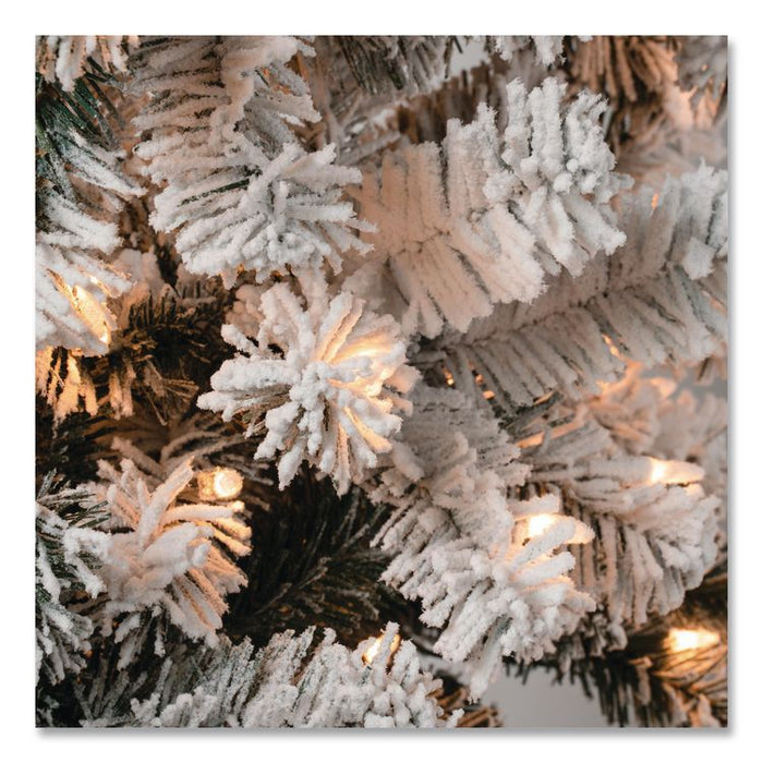Pre-Lit Acacia Medium Flocked Tree, 34" x 34" x 89", Green Tree, Green Tree Stand