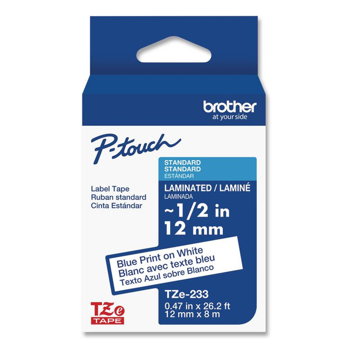 TZe Laminated Removable Label Tapes, 0.47" x 26.2 ft, Blue on White