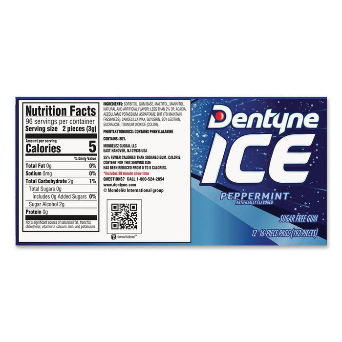 Sugarless Gum, Peppermint Flavor, 16 Pieces/Pack, 12 Packs/Carton