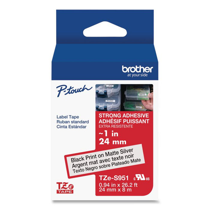 TZ Extra-Strength Adhesive Laminated Labeling Tape, 0.94" x 26.2 ft, Black on Matte Silver