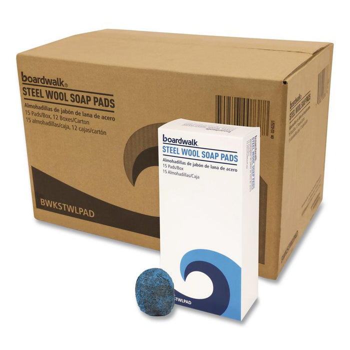 Steel Wool Soap Pads, 3 x 2.5, Blue, 15 Pads/Box, 12 Boxes/Carton