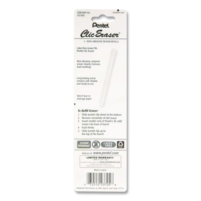 Clic Eraser Refills for Pentel Clic Erasers, Cylindrical Rod, White, 2/Pack