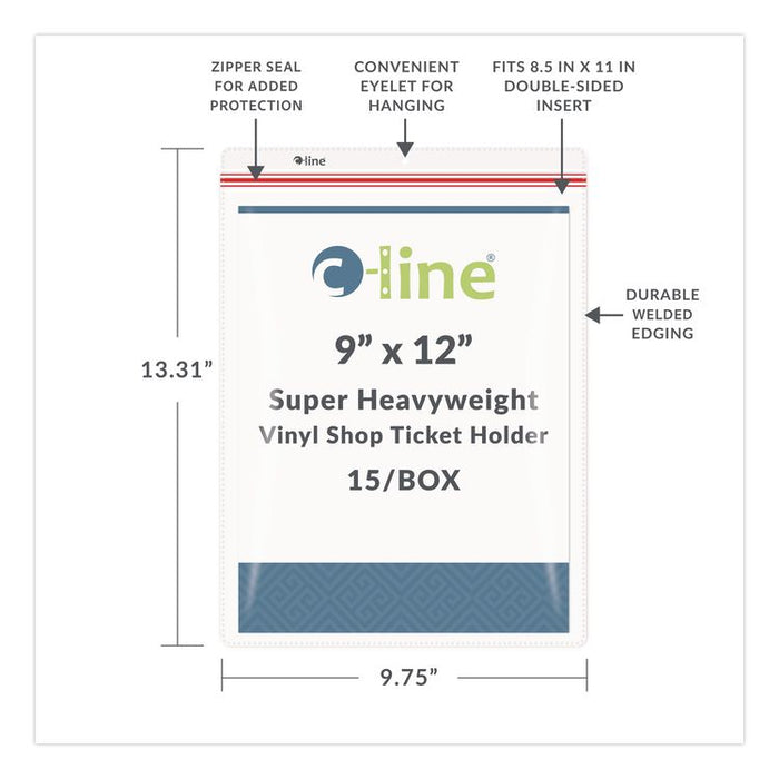 Industrial Zipper Seal Shop Ticket Holders, Super Heavy-Duty, Top Load 9 x 12 Insert, Clear Front, 15/Box