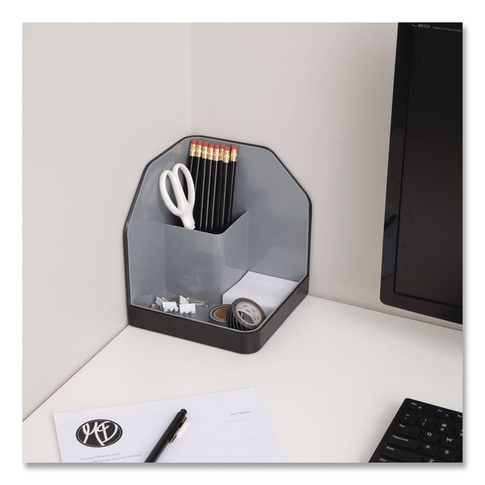 Fusion Plastic Corner Desktop Supplies Organizer, 2 Compartments, 6.67 x 7.4 x 6.67, Gray/Black, Plastic