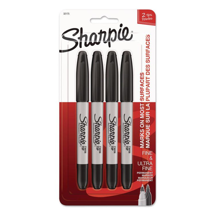 Twin-Tip Permanent Marker, Extra-Fine/Fine Tip, Black, 4/Pack