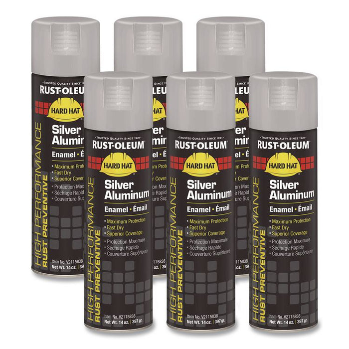 Hard Hat High Performance V2100 System Rust Preventive Enamel Spray Paint, Gloss Silver Aluminum, 15 oz Aerosol Can, 6/Carton