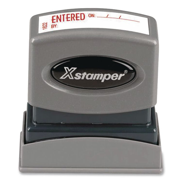 Pre-Inked One-Color Stock Stamp, ENTERED ON/BY, 1.62 x 0.5, Red Ink