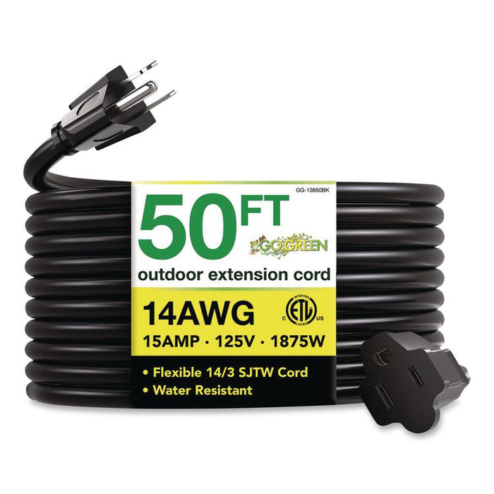 14 AWG Lighted End Heavy-Duty Extension Cord, 50 ft, 15 A, Black