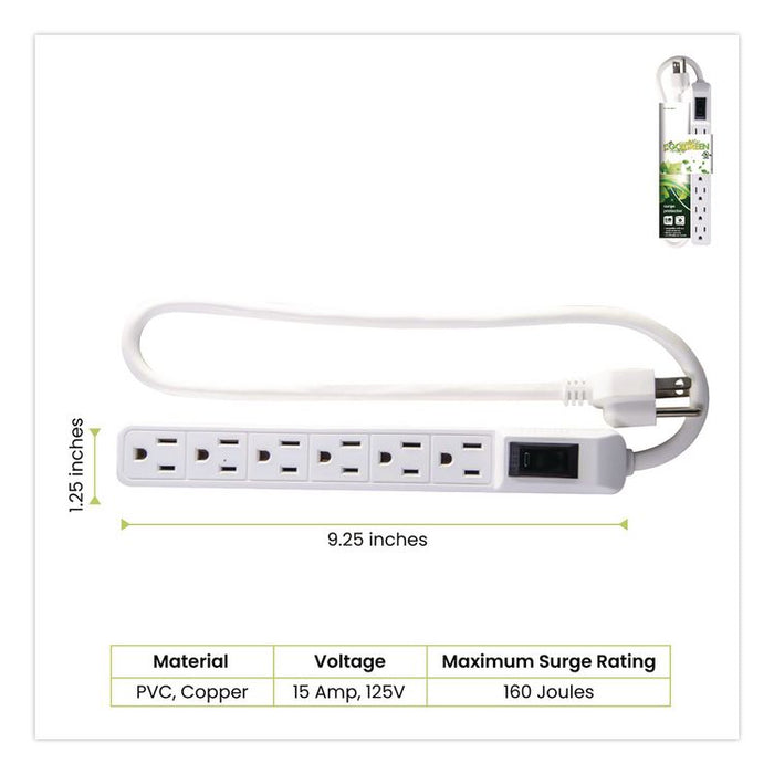 6 Outlet Mini Surge Protector, 2 ft Cord, 160 J, White