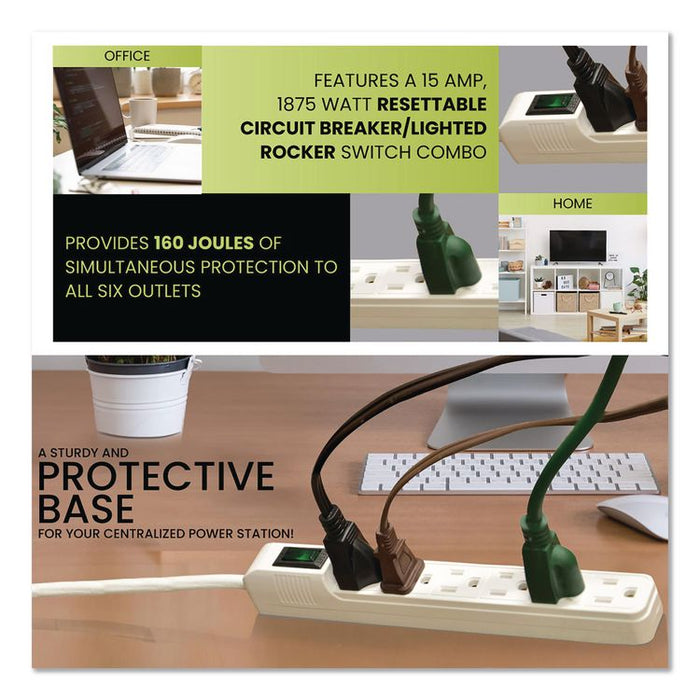 6 Outlet Mini Surge Protector, 2 ft Cord, 160 J, Black