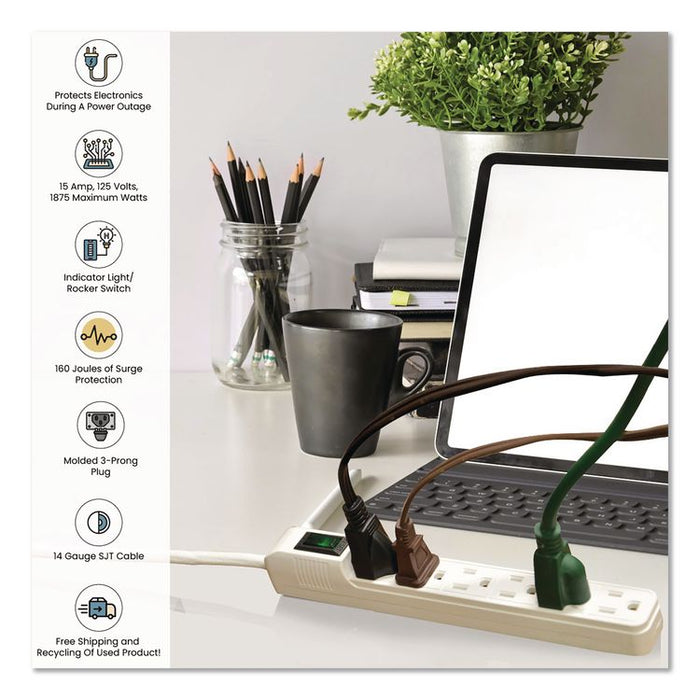 6 Outlet Mini Surge Protector, 2 ft Cord, 160 J, Black
