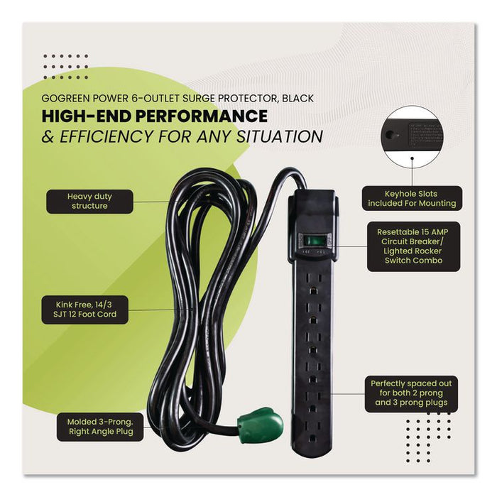 6 Outlet Surge Protector, 12 ft Cord, 250 J, Black