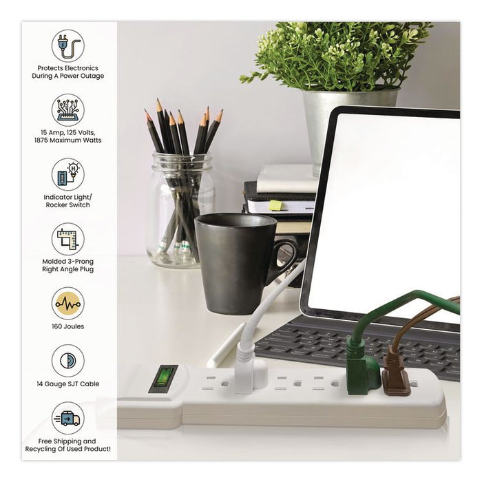 6 Outlet Surge Protector, 2.5 ft Cord, 160 J, White