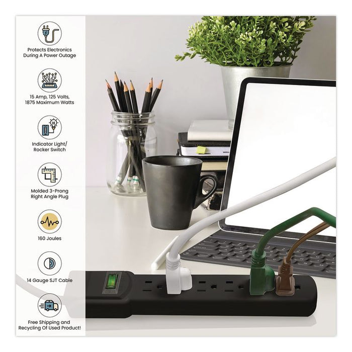 6 Outlet Surge Protector, 2.5 ft Cord, 160 J, Black