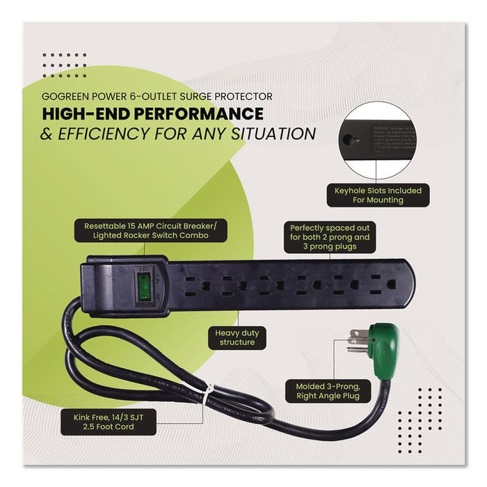 6 Outlet Surge Protector, 2.5 ft Cord, 160 J, Black