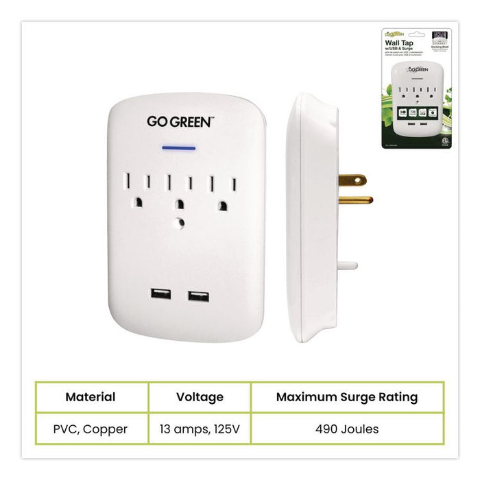 3 Outlet 2 USB Wall Tap, 735 J, White