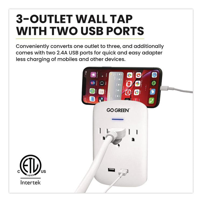 3 Outlet 2 USB Wall Tap, 735 J, White