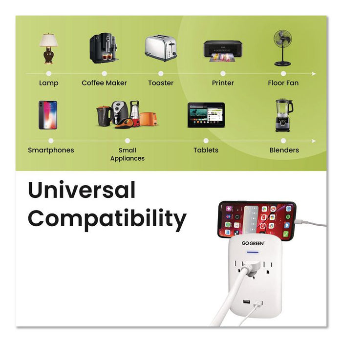 3 Outlet 2 USB Wall Tap, 735 J, White